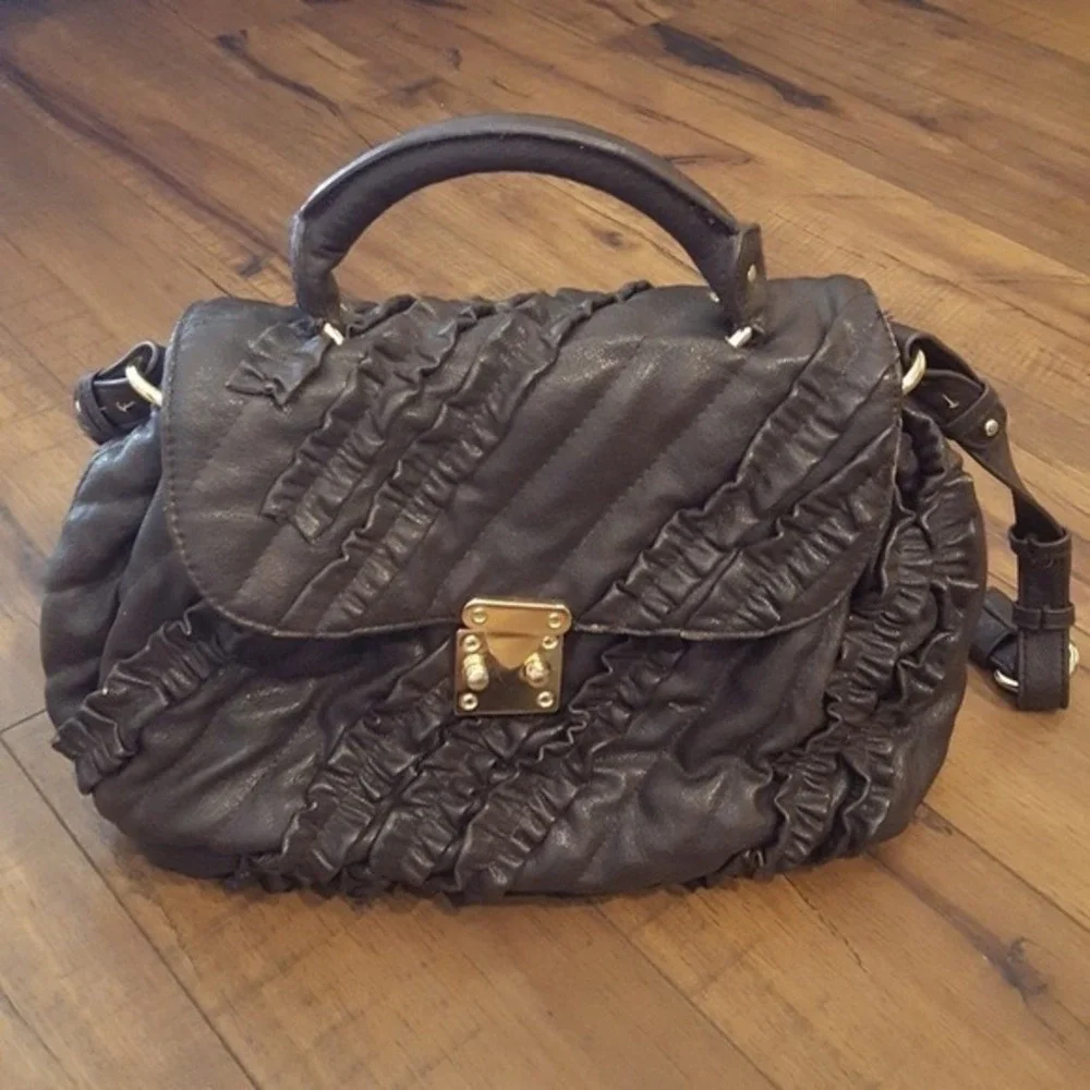 Danielle Nicole Y2K Dark Brown Ruffled‎ Faux Leather Satchel Crossbody Bag